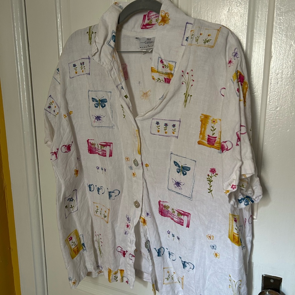 Hot Cotton White Floral Print Linen Top